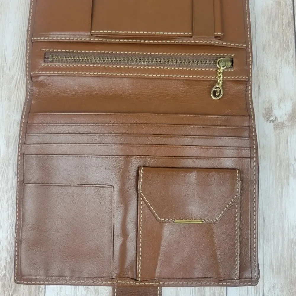Vintage Trussardi Brown Leather Bifold Wallet with Checkbook Sleeve Portmanteau